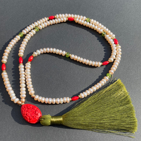 Pearl, coral, peridot & cinnabar tassel necklace