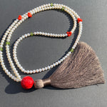 Pearl, peridot, coral & cinnabar tassel necklace