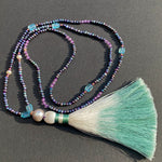 Pearl, apatite & amethyst tassel necklace