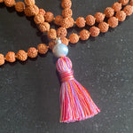 Pearl, rose quartz & rudraksha 108 bead mala