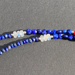 Lapis, cinnabar, moonstone & pearl tassel necklace