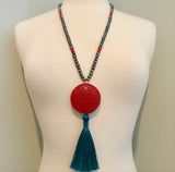 Carved cinnabar, coral & pearl tassel necklace