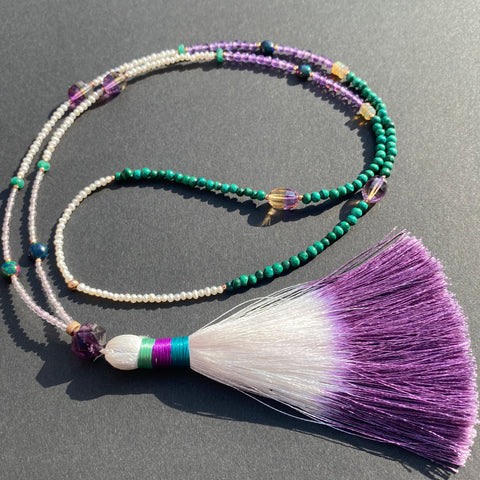 Opal, amethyst, citrine, & malachite tassel necklace