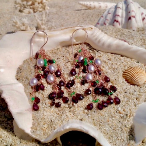 Emerald, garnet & pearl waterfall earrings