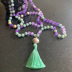 Aventurine, amethyst & peacock shell 108 bead mala