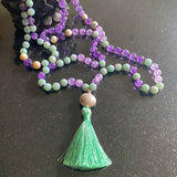 Aventurine, amethyst & peacock shell 108 bead mala