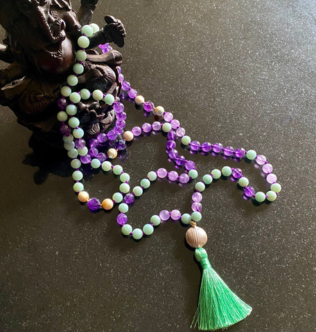 Aventurine, amethyst & peacock shell 108 bead mala