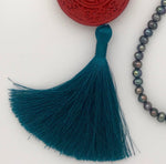 Carved cinnabar, coral & pearl tassel necklace