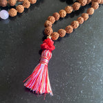 Rudraksha & kunzite 108 bead mala with Cinnabar lotus