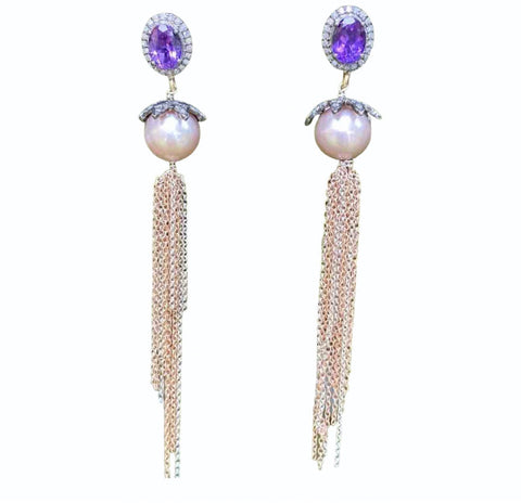 Diamond, amethyst & lilac pearl tassel earrings