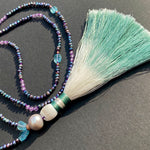 Pearl, apatite & amethyst tassel necklace