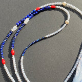 Lapis, cinnabar, moonstone & pearl tassel necklace