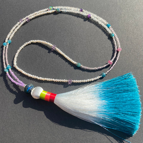 Opal, amethyst, apatite & ruby tassel necklace