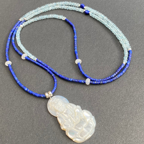 Aquamarine, moonstone & lapis Buddha necklace