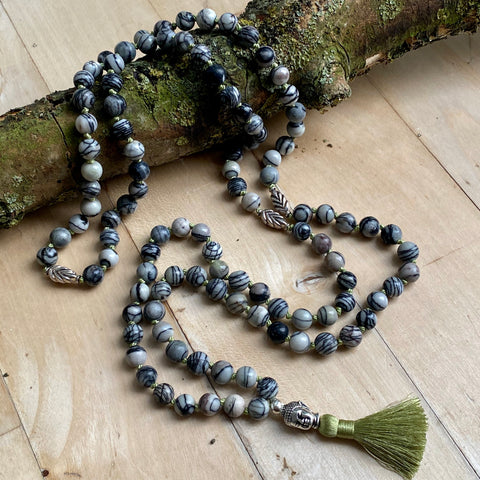 Silkstone & Thai silver 108 bead mala