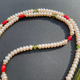 Pearl, coral, peridot & cinnabar tassel necklace