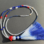 Lapis, cinnabar, moonstone & pearl tassel necklace